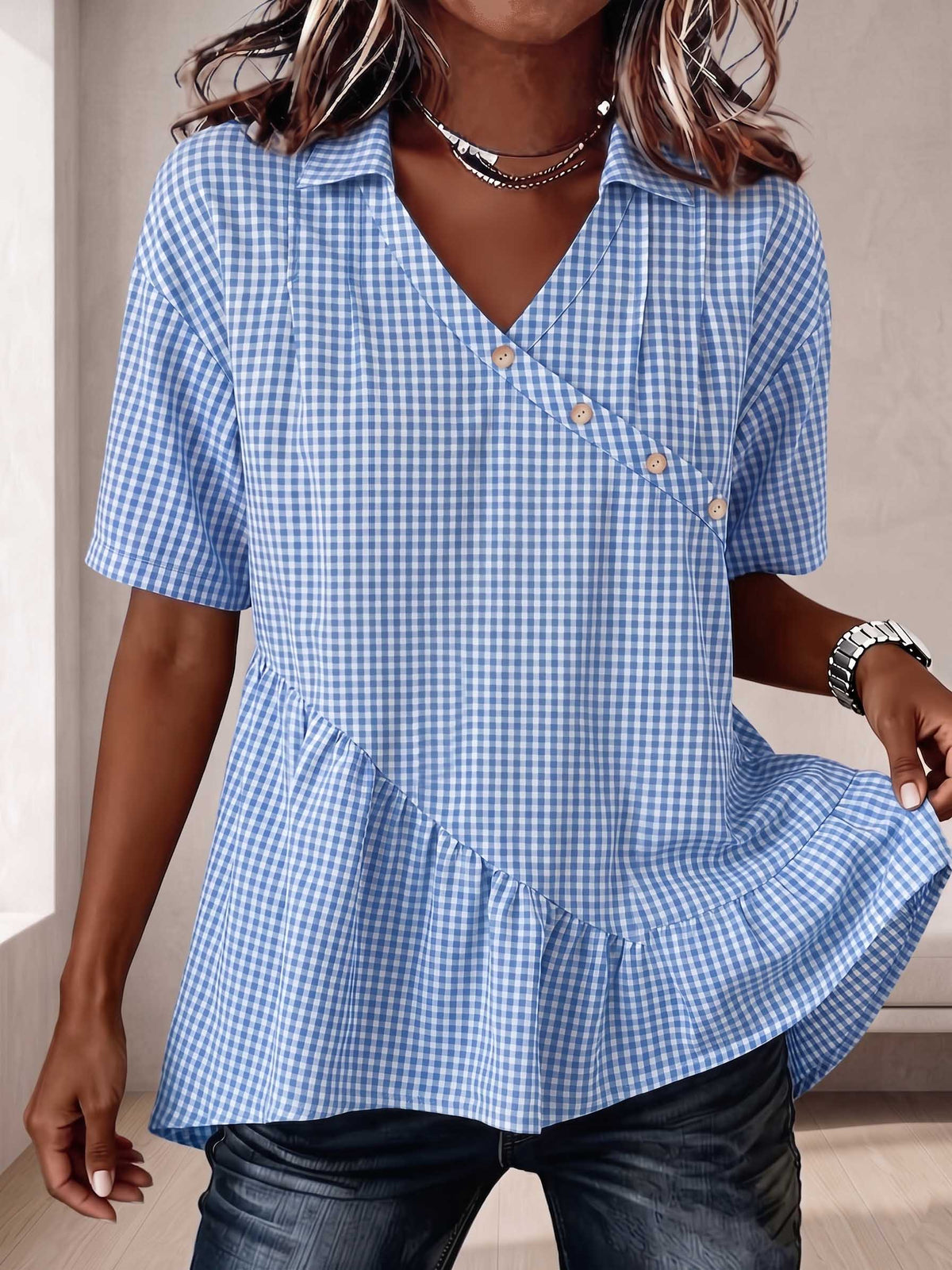 The Heritage Gingham Asymmetrical Peplum Blouse