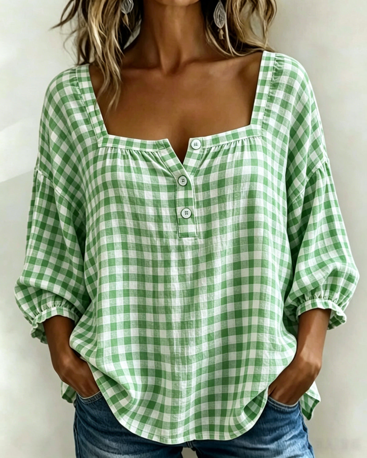 Vintage Gingham Square-Neck Blouse