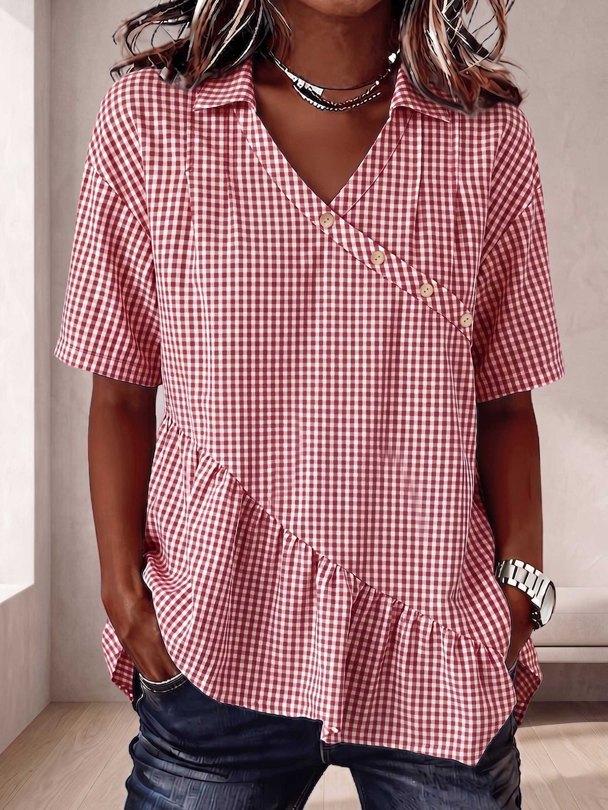 The Heritage Gingham Asymmetrical Peplum Blouse