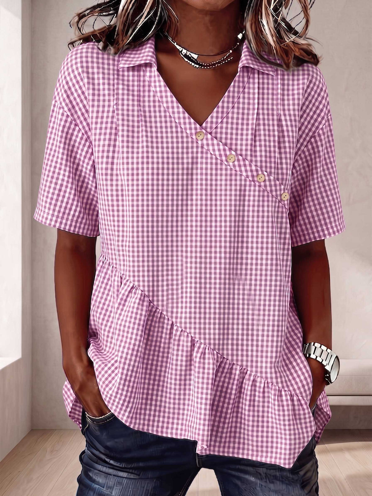 The Heritage Gingham Asymmetrical Peplum Blouse