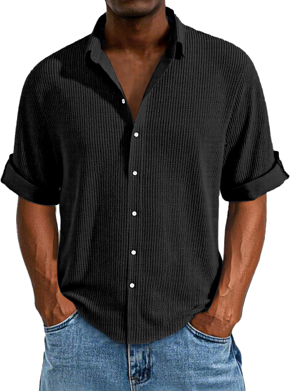 Men's Casual Loose Simple Texture Solid Color Button Short-sleeved Shirt