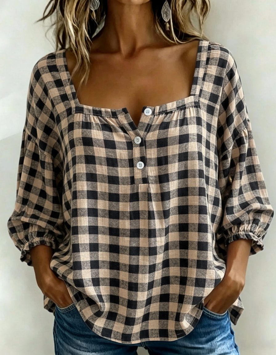 Vintage Gingham Square-Neck Blouse